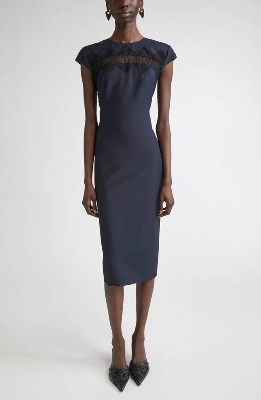 Alexander McQueen Day Lace Cutout Wool & Mohair Sheath Dress in Navy 44 US 8